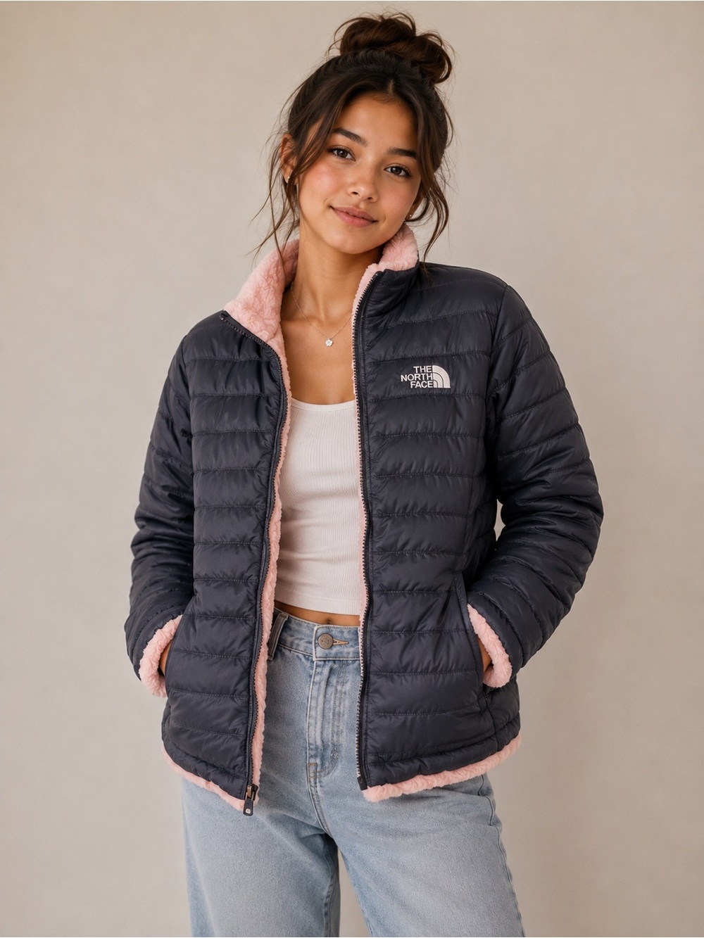 The North Face Black Reversible Puffer Jacket Pink Sherpa Jacket Sz (14-16)